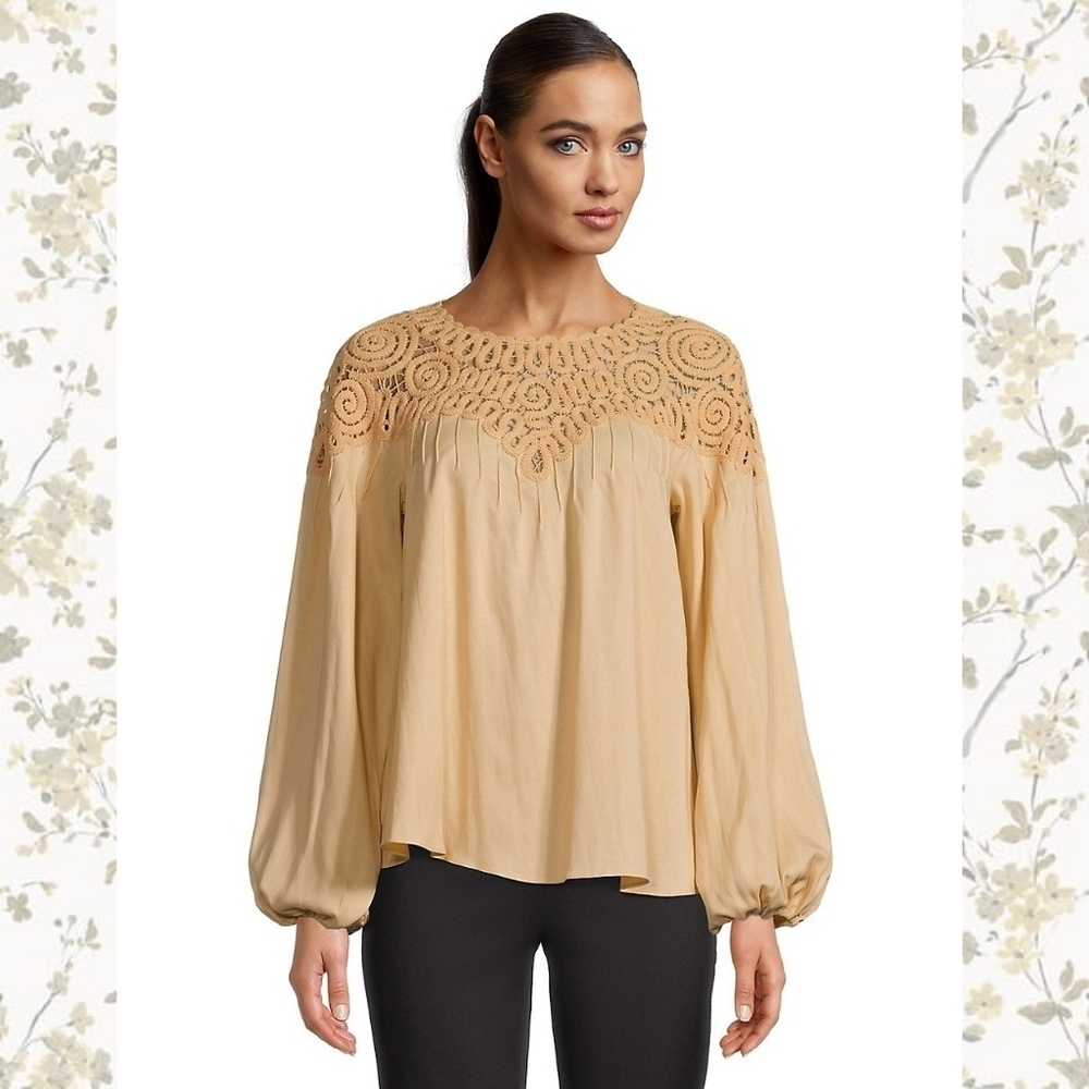 JONATHAN SIMKHAI Maribel Tape Yarn Cut Out Embroidery Top in Rattan